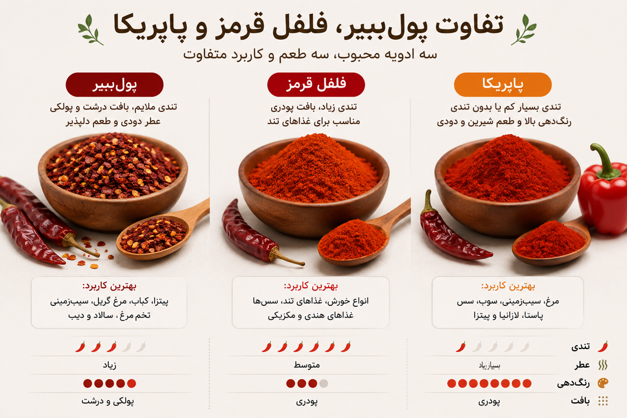 تفاوت پول‌بیبر، فلفل قرمز و پاپریکا؛ کدام برای غذای شما مناسب‌تر است؟
