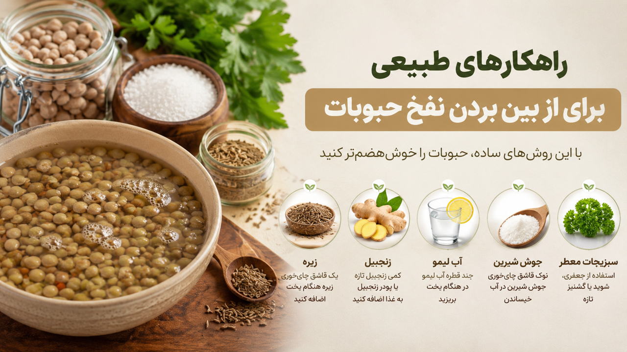 از بین بردن نفخ حبوبات | روشهای طلایی برای کاهش نفخ لوبیا، نخود و عدس
